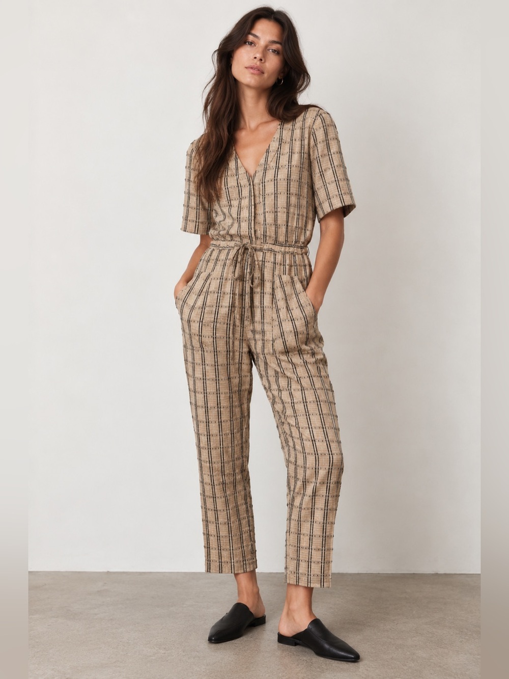 WHIMSY + ROW Hunter Women’s REMY Jumpsuit Hunter Plaid Straight Leg Tan Large